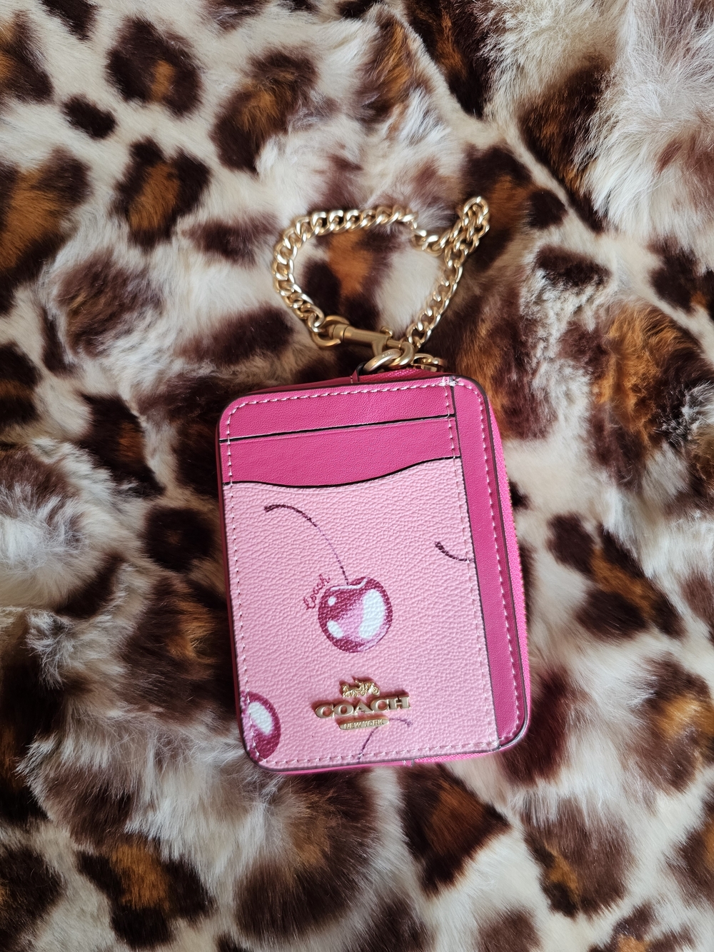 Coach Pink Cherry Card Case with Gold Chain